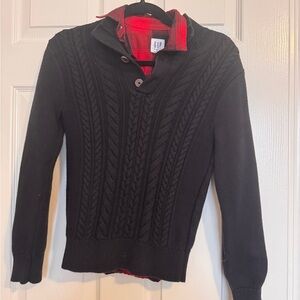 GAP Boys Black Cable Knit Sweater with Red Plaid Accent Long Sleeve L 10/12